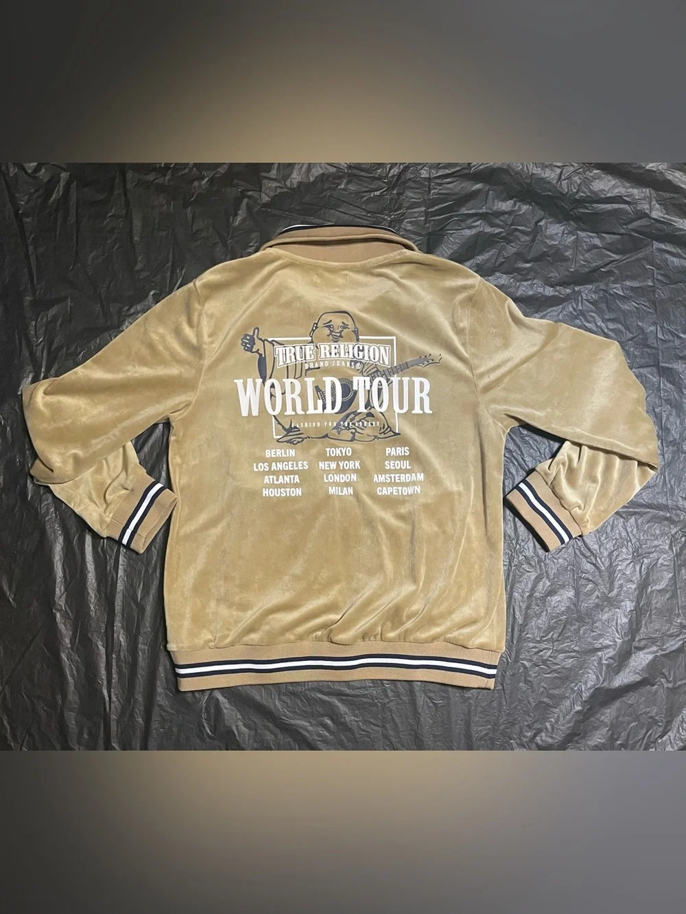 True Religion Men's World Tour Tan Velour Zip-Up Track Jacket M